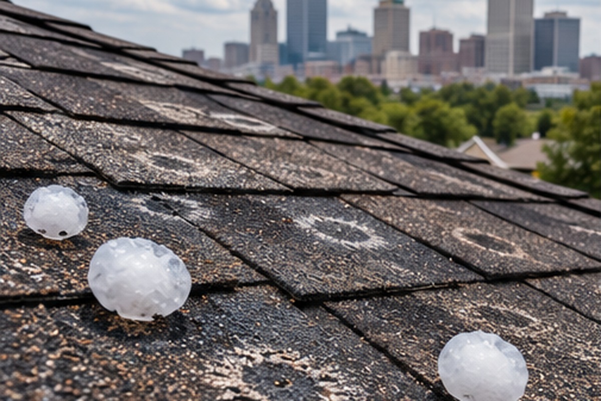 Hail-damaged asphalt shingles on a Tulsa roof