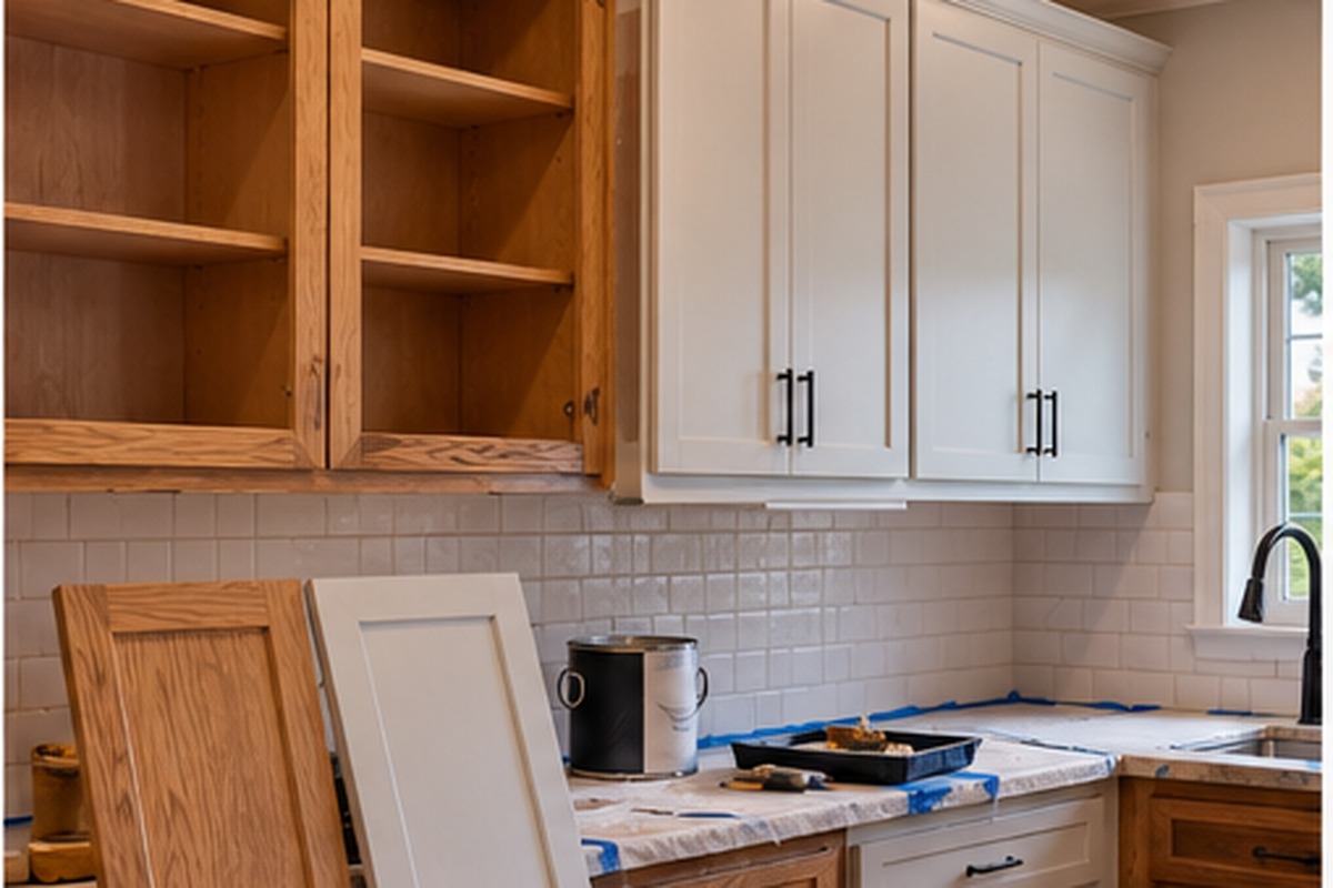 Kitchen cabinets being refinished in a Tulsa home
